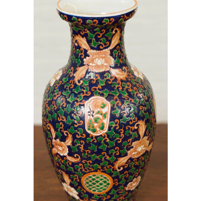 Early 21st Century Chinese Contemporary Hand Painted Vase with Cobalt Blue Ground and Floral Decor For Sale - Image 5 of 13