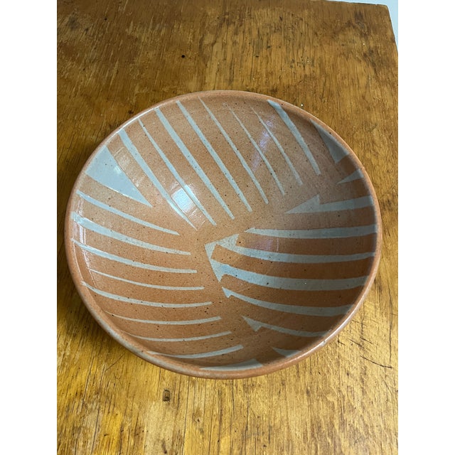 Signed Vintage Ceramic Pedestal Bowl Hand Painted Stripes For Sale - Image 4 of 7