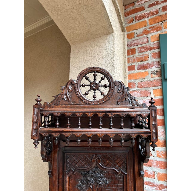 Antique French Breton Hall Cabinet Tall Narrow Carved Crown Bookcase C1880 For Sale - Image 15 of 18