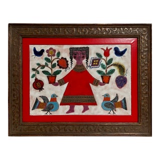 Irene Awret, Girl & Plants Enamel Glazed Ceramic Plaque Israeli Artist Awret Naive Folk Art For Sale