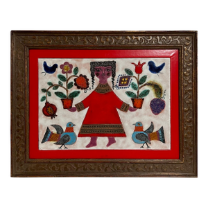 Irene Awret, Girl & Plants Enamel Glazed Ceramic Plaque Israeli Artist Awret Naive Folk Art