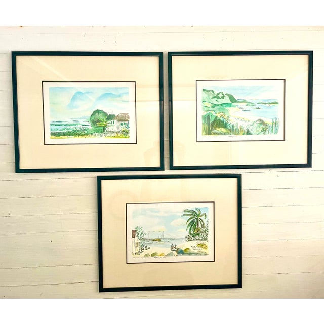 A colorful, Fauvist inspired trio of signed lithographs of Caribbean scenes by listed French artist, Alexandre Minguet...