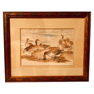1970s Vintage Watercolor Painting of Canadian Geese, Framed