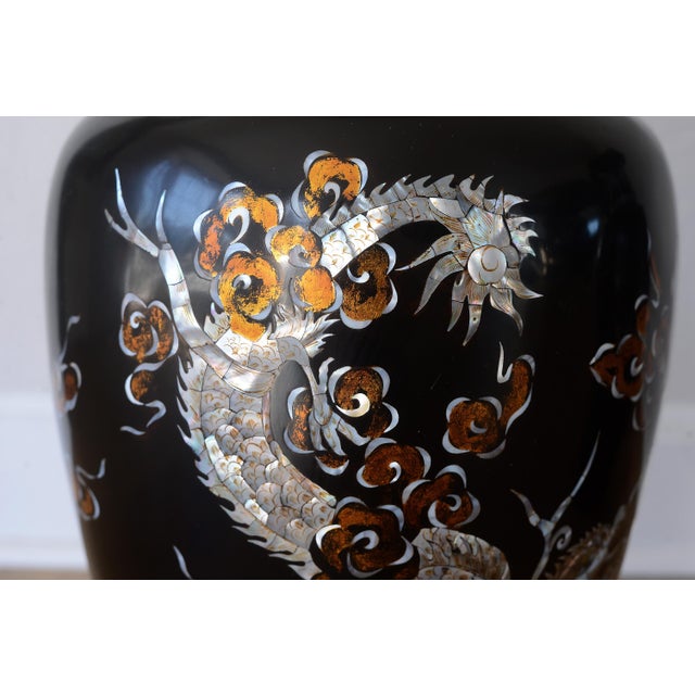 Large Vintage 1960s Vietnamese Black Lacquer & Mother of Pearl Floor Vases - A Pair For Sale - Image 9 of 15