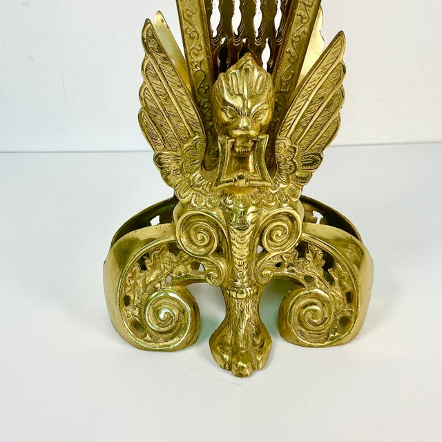 1920s Antique French Edwardian Brass Gargoyle Peacock Fireplace Screen For Sale - Image 9 of 18