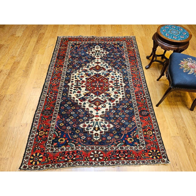 1900 - 1909 Vintage Persian Bakhtiari Bibibaft Rug, Hand-Knotted Wool, Geometric Medallion Design, Vegetable Dyes, Navy & Red, 5x7 For Sale - Image 5 of 18