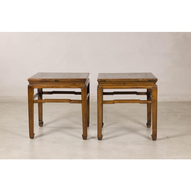 Brown Pair of Vintage Chinese Hardwood Side Tables with Humpback Stretchers For Sale - Image 8 of 12