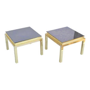 Pair, Guy Lefevre for Maison Jansen Polished Brass Side End Tables Mirrored Top