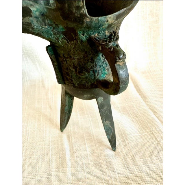 1980s Chinese Archaic-Style Bronze Jue Wine Vessel Sculpture With Verdigris Patina For Sale - Image 5 of 12