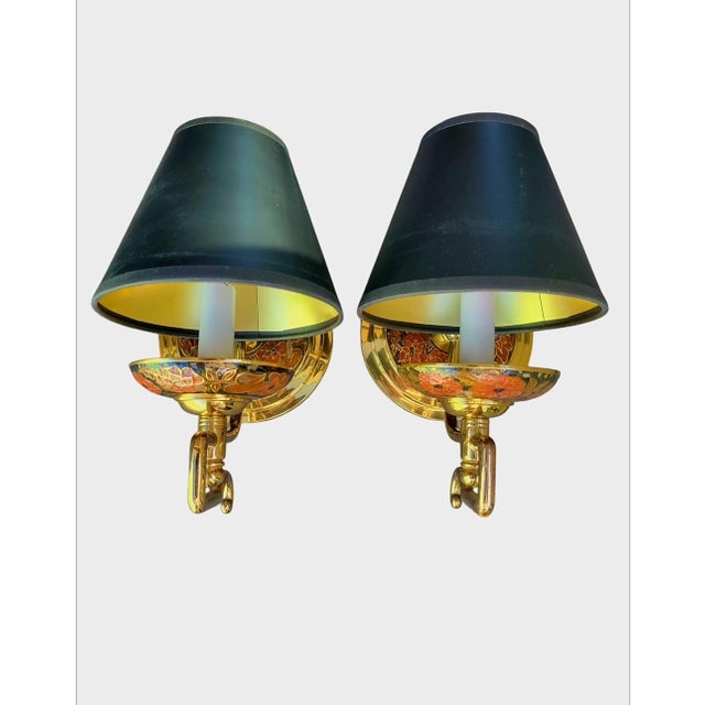Vintage Brass Cloisonne Black Red Chinoiserie Wall Sconce Lamps- A Pair For Sale - Image 10 of 10