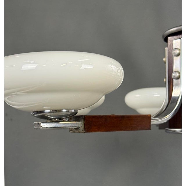 Art Deco Chrome and Wood Chandelier with Glass Shades, 1930s For Sale - Image 6 of 9