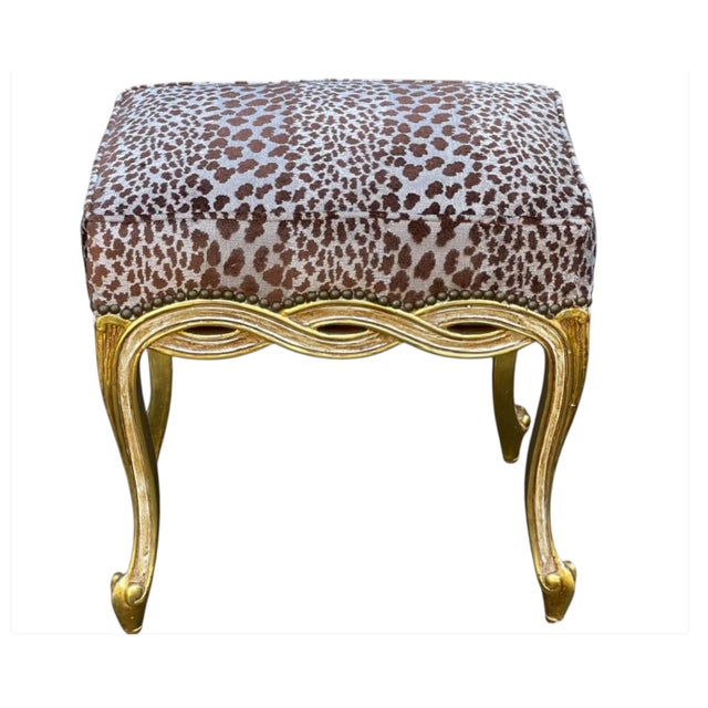 Carved Italian Giltwood Ribbon Taboret Bench by Randy Esada Designs. It features Clarence House cheetah velvet.