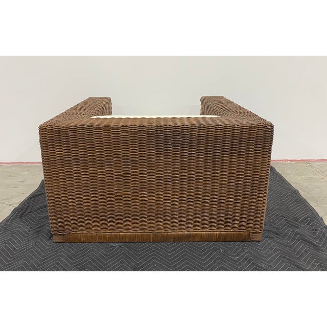 Large scale Modernist Wicker & Mohair Lounge chairs, circa 1965. This pair has been expertly restored.