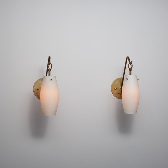 Metal Vintage Italian Wall Sconces in Brass and Opaline Glass, 1950s, Set of 2 For Sale - Image 7 of 12