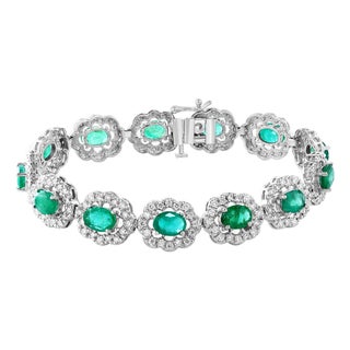 10 Carat Natural Brazilian Emerald & Diamond Tennis Bracelet 14 Karat Gold For Sale