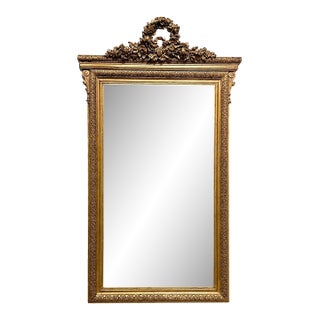 19th Century French Louis XVI Gilded Mirror With Floral Wreath Crest For Sale
