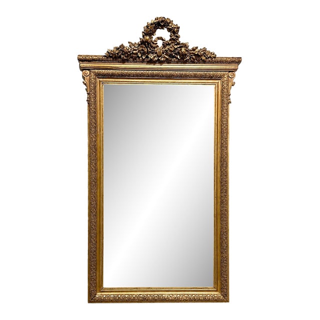 19th Century French Louis XVI Gilded Mirror With Floral Wreath Crest For Sale
