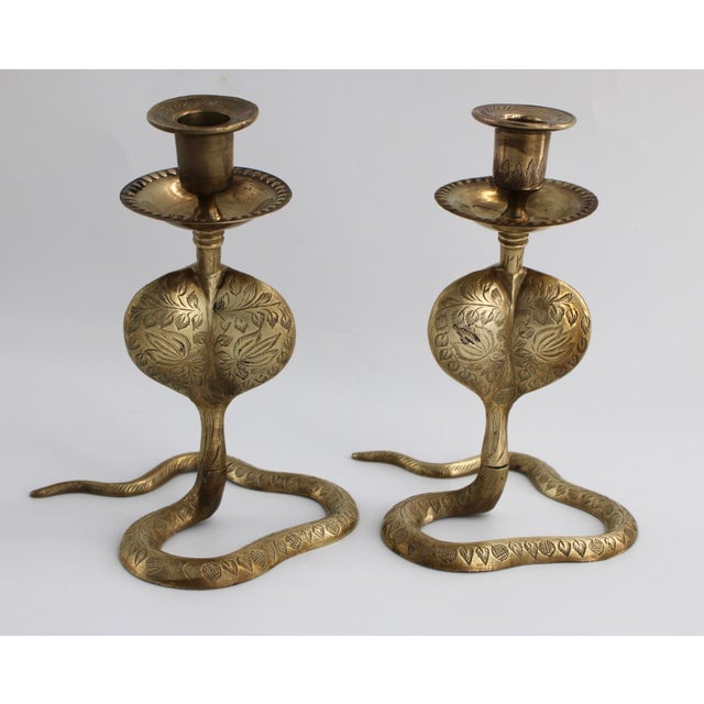Vintage Pair of Brass Cobra Snake MCM Candlesticks For Sale - Image 4 of 8