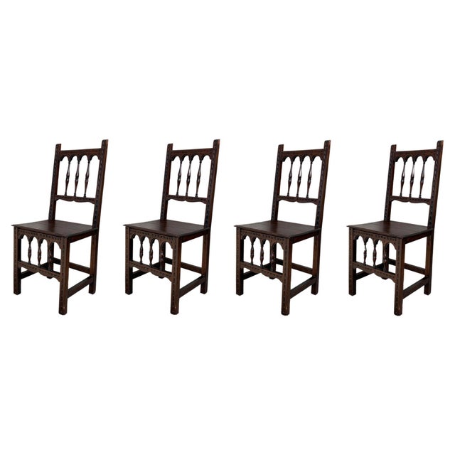 Early 20th Set of Four Spanish Carved Chairs with Wood Seat For Sale - Image 9 of 18