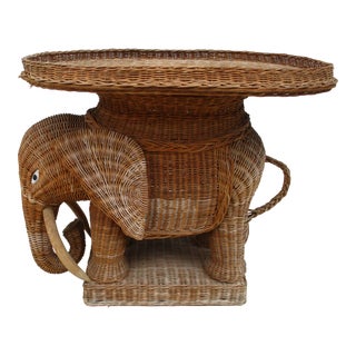 1970's Wicker Tray Top Elephant Side Table For Sale