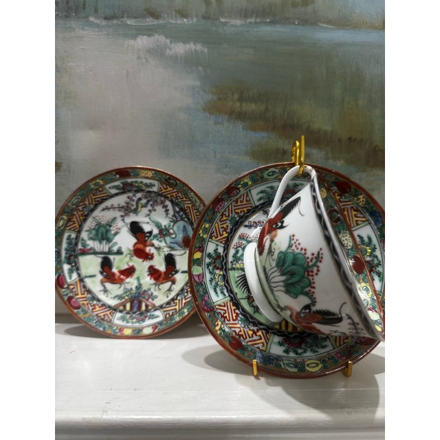 These colorful vintage rooster cups & 6" saucers were hand painted in Hong Kong and are bursting with character. Perfect...