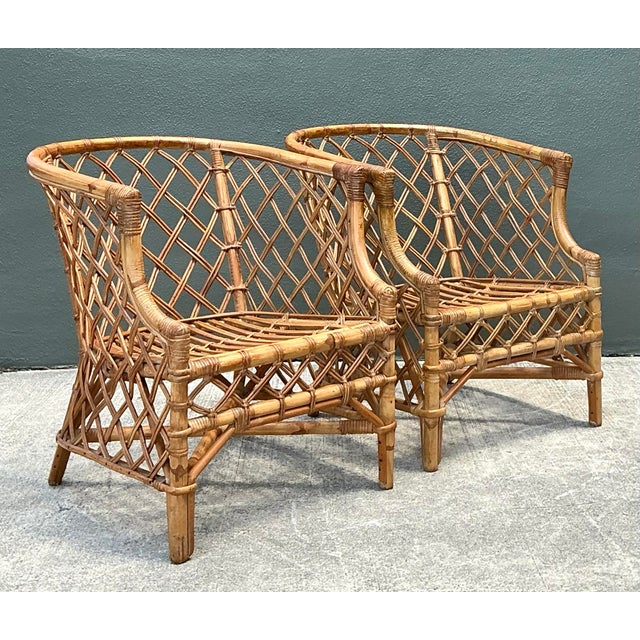 Late 20th Century Vintage Trellis Rattan Lounge Chairs - A Pair For Sale - Image 5 of 12