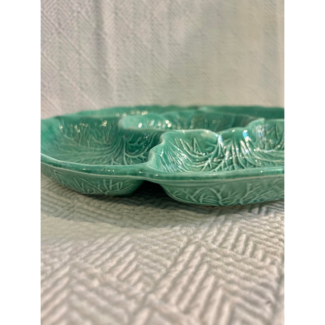 Mid 20th Century Vintage Majolica Style Usa Calif Pottery Cabbage Leaf Divided Serving Dish For Sale - Image 5 of 9