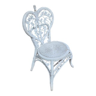 Mid 20th Century Victorian Style Fiddlehead White Wicker Rattan Chair With Heart Shaped Back. For Sale