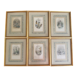 Mid 19th Century “Les Fleurs Animées” Original Hand-Painted Antique French Lithographs 1846, Set of 6, Framed