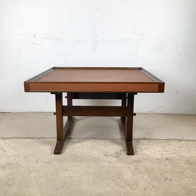 Vintage Studio-Made Square End Table With Cognac Leather Inset Top & Architectural Trestle Base, Mid-Century For Sale - Image 13 of 18