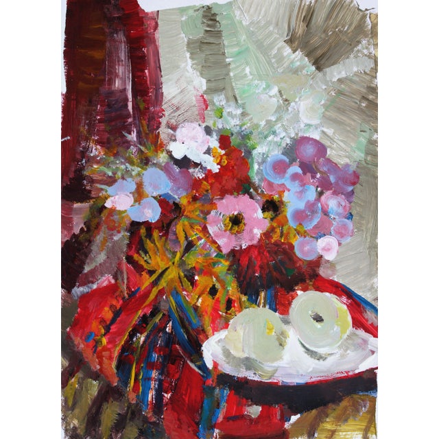 1990s Victor Karnauh, Still Life with Flowers and Apples, Oil on Paper, 1990s For Sale - Image 5 of 5