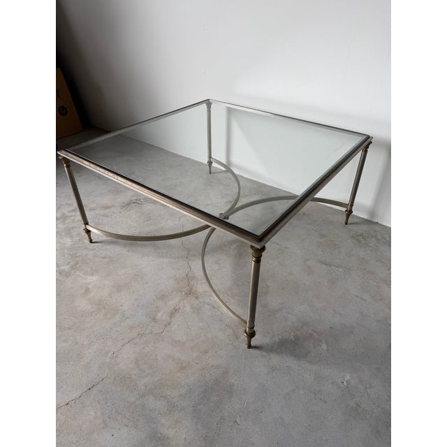 Vintage Italian Hollywood Regency Maison Jansen-Style Steel & Brass Coffee Table With Glass Top For Sale - Image 11 of 13