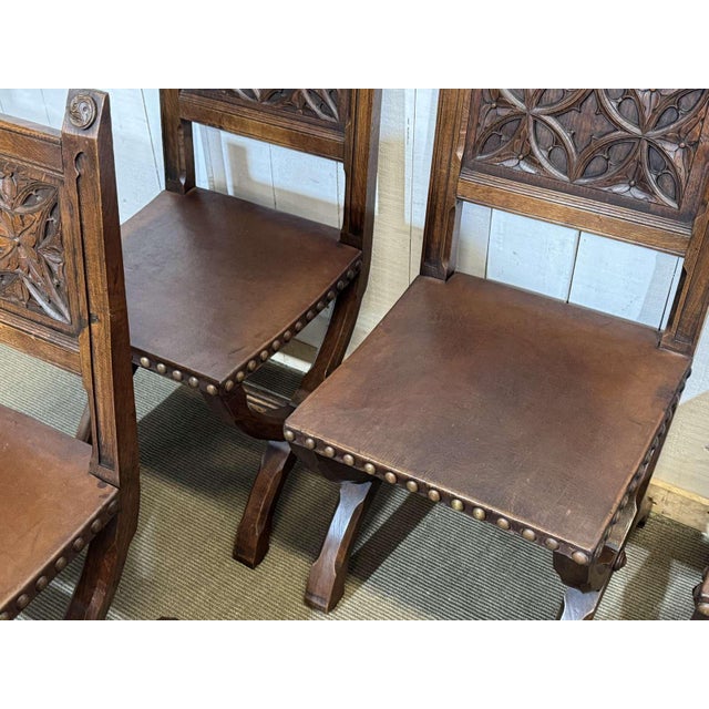 Chairs and Armchairs in Oak and Leather with Gothic Decoration, 1930s, Set of 8 For Sale - Image 11 of 18