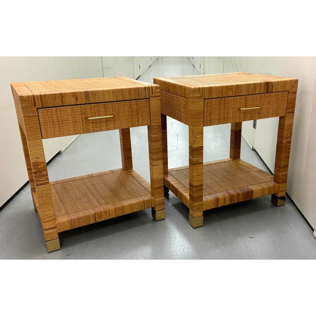 French Signed Bielecky Brothers Caned Rattan Nightstands With Drawer For Sale - Image 3 of 12