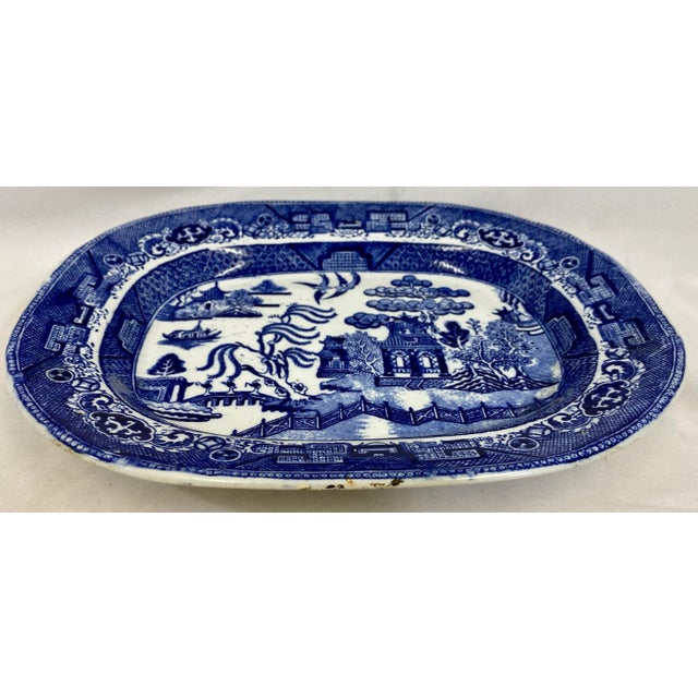 Ceramic Antique Blue Willow Serving Platter Made in England- Circa 19th Century For Sale - Image 7 of 13
