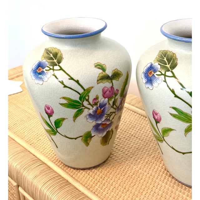 Mid 20th Century Hand Painted Floral Vases - Gump's of San Francisco For Sale - Image 5 of 8