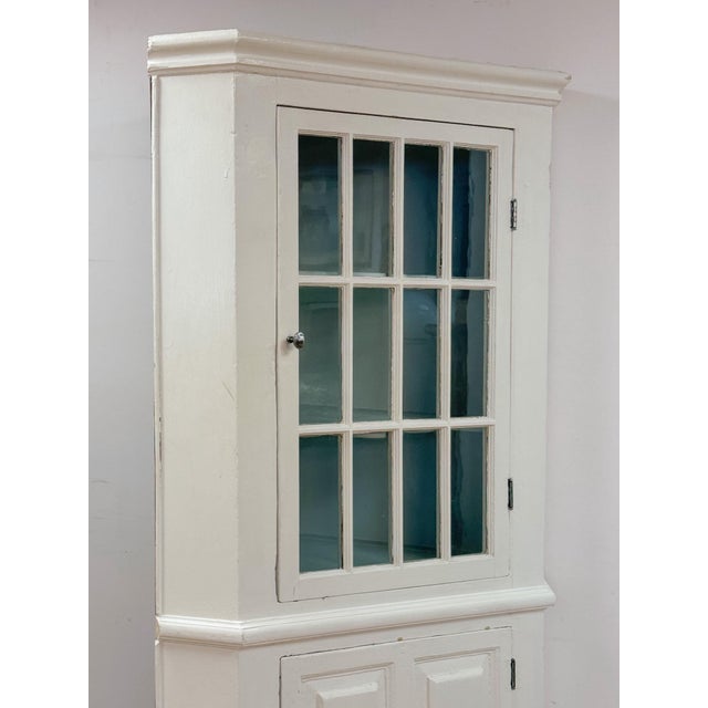 19th Century Antique Painted White Corner China Cabinet Pane Glass Door 1800s Display Cabinet For Sale - Image 5 of 18
