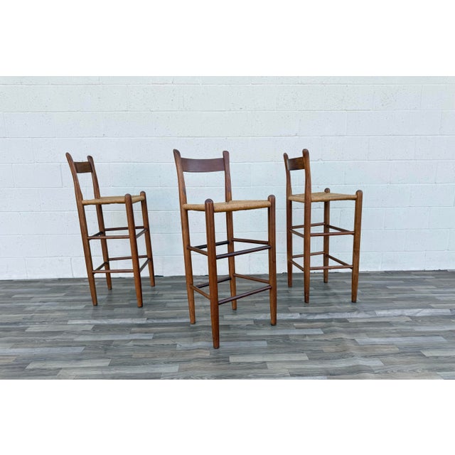 1970s Set of 3 Danish Modern Style Oak Bar Stools With Rush Seats | Mid-Century For Sale - Image 4 of 18