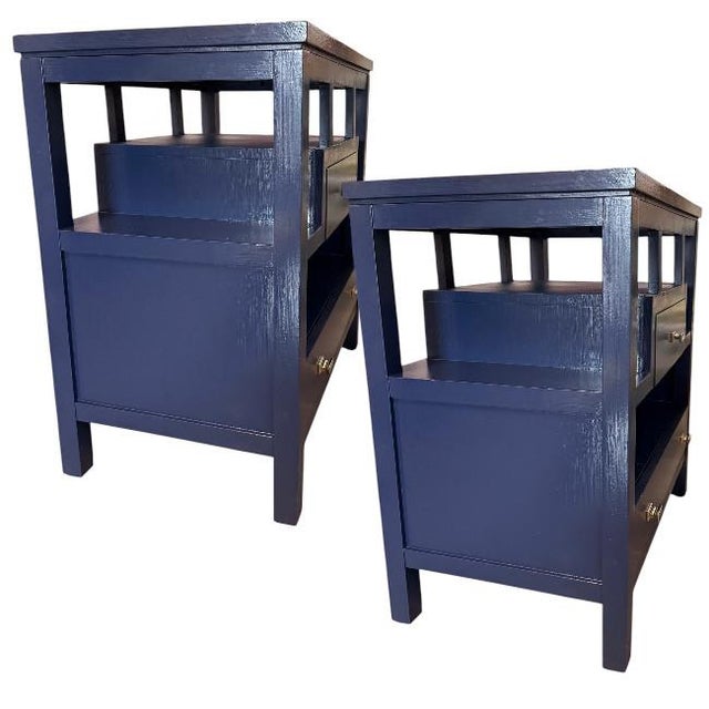 Stanley Furniture Pair of Stanley Furniture Two-Drawer Navy Blue Lacquer Nightstands For Sale - Image 4 of 9