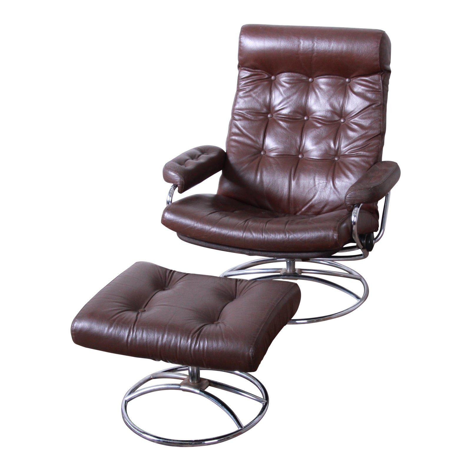 Vintage Ekornes Stressless Chrome and Leather Lounge Chair and Ottoman