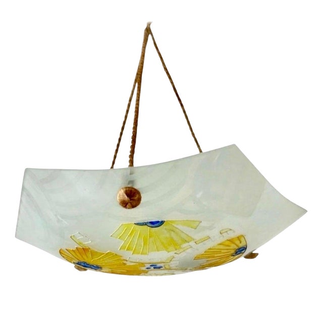 Art Deco French Pendant Light in Glass by Loys Lucha for Charles Ranc, 1920s For Sale