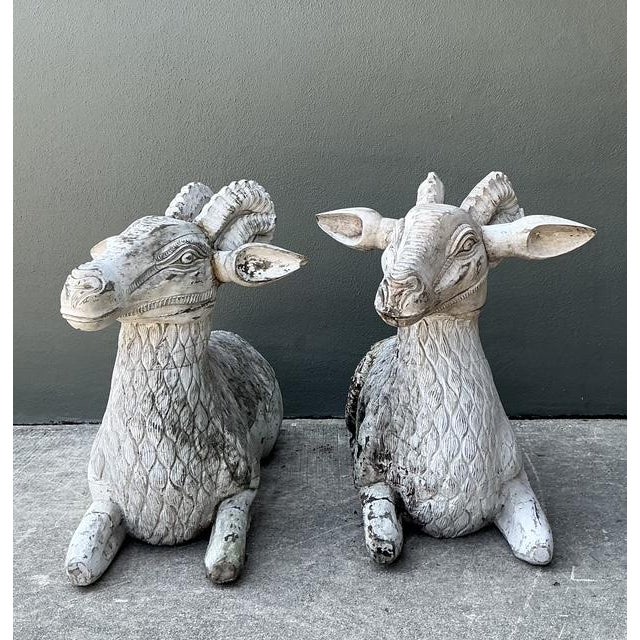 Tribal Vintage Monumental Distressed Hand Carved Rams - A Pair For Sale - Image 3 of 13