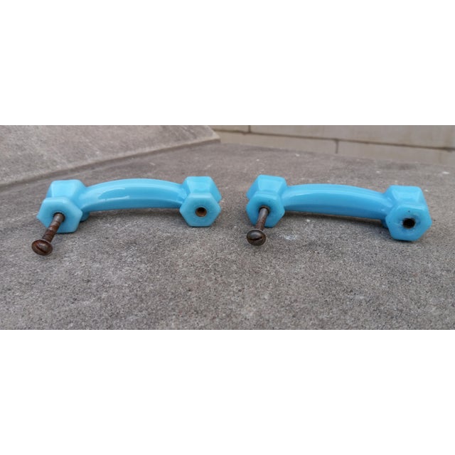 1920s Art Deco Pair (2x) Blue Opaline Glass Drawer Pulls (Handles) For Sale - Image 9 of 16