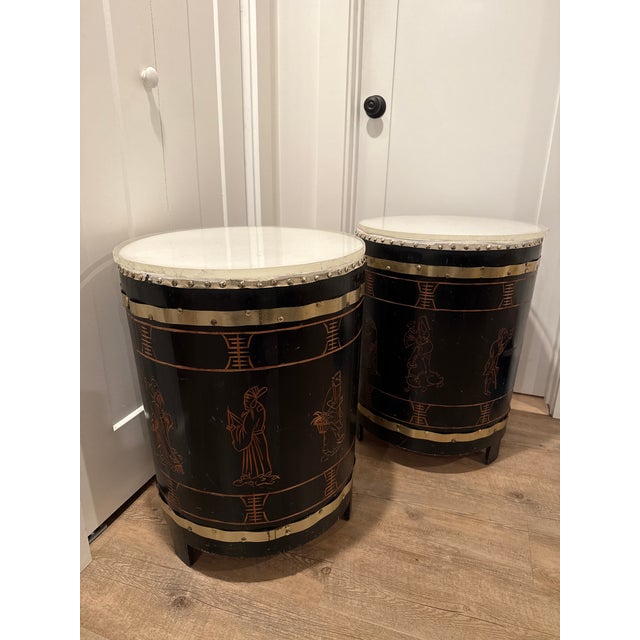 Early 20th Century Pair of Antique Asian Chinoiserie Leather and Carved Wood Drum Side Tables For Sale - Image 5 of 6