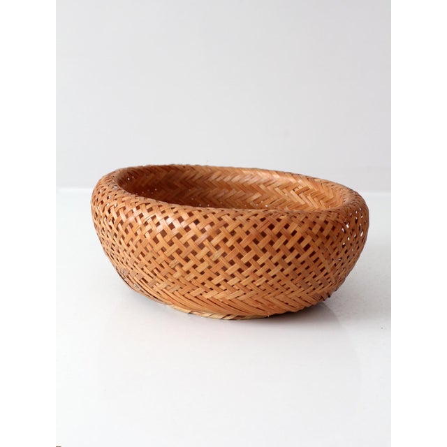 Vintage Woven Bamboo Basket Bowl With Rounded Sides For Sale - Image 4 of 14