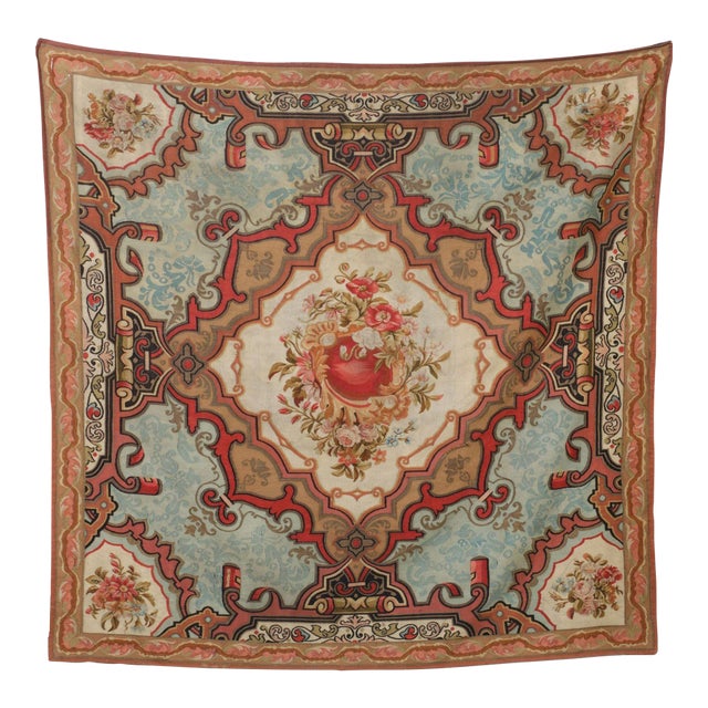 Antique Spanish Rocaille Floral Square Polychromatic Tapestry - Rug & Kilim For Sale