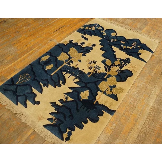 Chinese 1930s Beige Blue Monumental Landscape Antique Chinese Bao Tou Rug 3'2" X5'0" Knotted Wool Carpet For Sale - Image 3 of 9