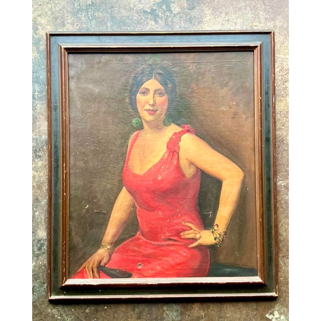 Early 20th Century Vintage Boho Original Art Deco Oil Portrait of Woman For Sale - Image 5 of 9