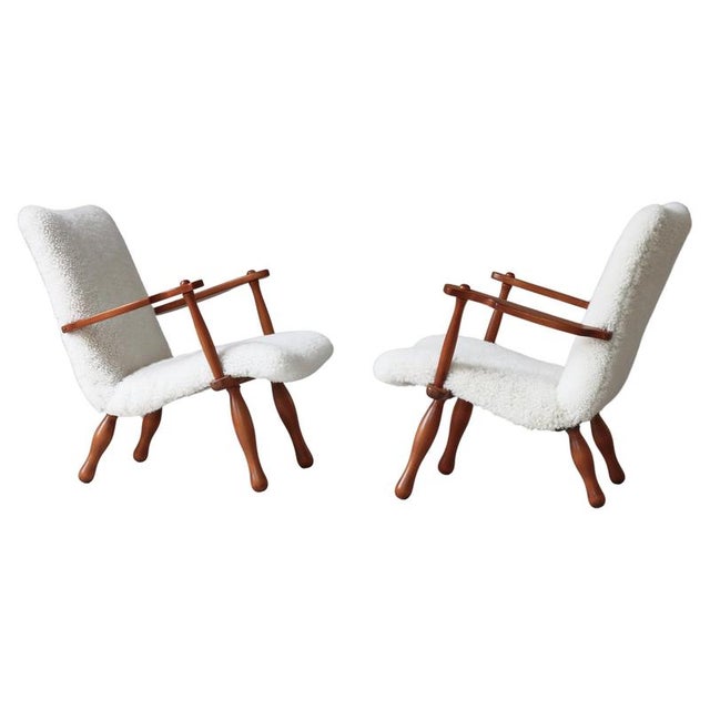 Set of Pinewood and Sheepskin Lounge Chairs from Swedish Cabinetmaker, 1940s For Sale - Image 16 of 16