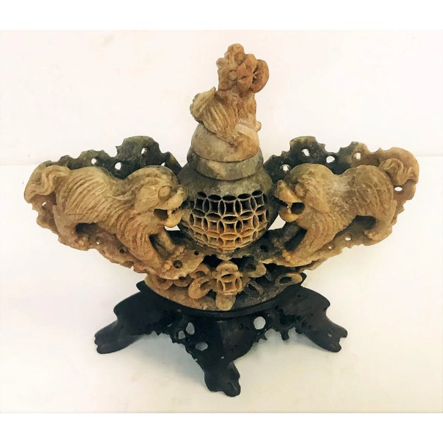 The craftsmanship of this vintage incense burner is fantastic. It is hand carved Chinese saopstone in varying shades of...